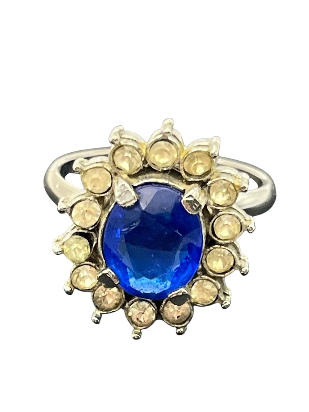 Blue & clear rhinestone halo silver tone adjustable vintage ring size 6